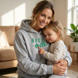 Personalizowana bluza z kapturem Boss Mom - z imionami dzieci - zamszowy flock