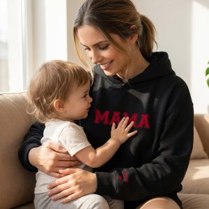 Personalizowana bluza z kapturem napisem MAMA z imionami dzieci - zamszowy flock