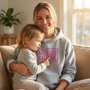 Personalizowana bluza z kapturem My boss calls me mom z imionami dzieci - zamszowy flock